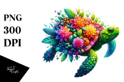 Vibrant Watercolor Turtle with Flowers PNG Product Image 1