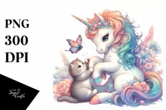 Colorful Baby Unicorn Playing with Kitten, Transparent PNG Product Image 3