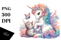 Colorful Baby Unicorn Playing with Kitten, Transparent PNG Product Image 1