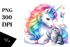 Colorful Baby Unicorn Playing with Kitten, Transparent PNG Product Image 1