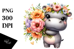 Cute Baby Hippo with Large Flower Bouquet | Clipart Product Image 1