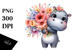 Cute Baby Hippo with Large Flower Bouquet | Clipart Product Image 1