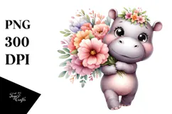 Cute Baby Hippo with Large Flower Bouquet | Clipart Product Image 1