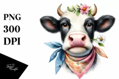 Cow Bandana Flower Big Eyes Thoughtful | Sublimation Clipart Product Image 1