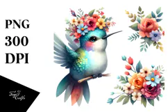 Vibrant Flower Crown with Cute Baby Hummingbird | Clipart Product Image 1