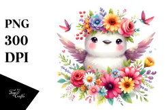 Vibrant Flower Crown with Cute Baby Hummingbird | Clipart Product Image 1