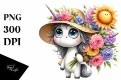 Unicorn with Sun Hat and Flower Bouquet | Sublimation | Product Image 3