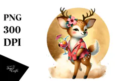 Cute Deer in Beachwear with Cocktail, Watercolor PNG Product Image 1