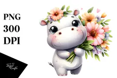 Cute Hippo with Large Flower Bouquet | Clipart Product Image 1