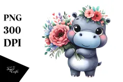 Cute Hippo with Large Flower Bouquet | Clipart Product Image 1