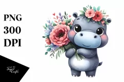 Cute Hippo with Large Flower Bouquet | Clipart Product Image 3