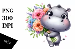 Cute Hippo with Large Flower Bouquet | Clipart Product Image 1