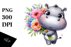 Cute Hippo with Large Flower Bouquet | Clipart Product Image 1