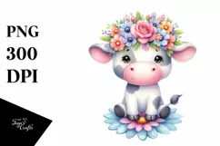 Cartoon-Style Cute Cow with Flower Crown | Clipart Product Image 1