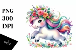 Cute Unicorn Running with Floral Wreath, PNG Product Image 3
