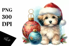 A Cute Watercolor Havanese with Christmas Globes, White Product Image 3