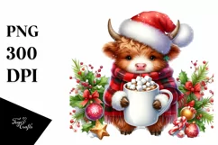 Christmas Highland Cow with Santa Hat PNG Product Image 1