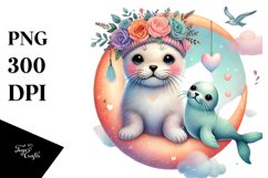 Cute Baby Seal on Moon, PNG Product Image 1