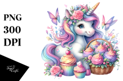 Colorful Baby Unicorn with Basket of Cupcakes, Transparent Product Image 1