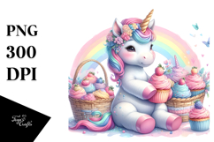 Colorful Baby Unicorn with Cupcakes PNG Product Image 1
