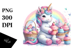 Colorful Baby Unicorn with Cupcakes PNG Product Image 1