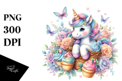 Colorful Baby Unicorn with Basket of Cupcakes, Transparent Product Image 1