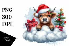 Winter Highland Cow with Santa Hat PNG Product Image 1