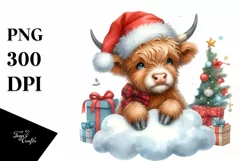 Cute Highland Cow with Santa Hat PNG Product Image 1