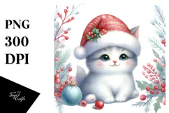 A Cute Watercolor Cat with Santa Hat, White Background Product Image 1