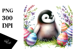 Baby Penguin with Easter Eggs PNG Product Image 1