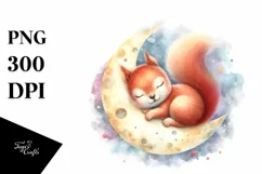 Colorful Baby Squirrel Sleeping on Moon | Watercolor Clipart Product Image 3