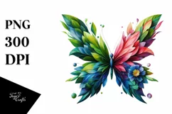 Abstract Butterfly with Plant Leaves and 3D Flowers, PNG Product Image 1