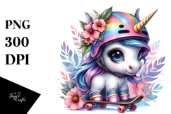 Colorful Baby Unicorn with Skateboarder&#039;s Gear, Transparent Product Image 1