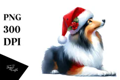 A Cute Watercolor Collie Sitting with Santa Hat, White Product Image 1
