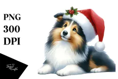 A Cute Watercolor Collie Sitting with Santa Hat, White Product Image 1
