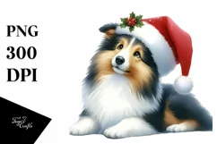 A Cute Watercolor Collie Sitting with Santa Hat, White Product Image 1