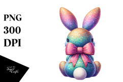 Colorful Vintage Bunny Sitting View from Back with Bow, PNG Product Image 1
