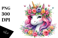 Vibrant Unicorn with Floral Wreath PNG Product Image 1
