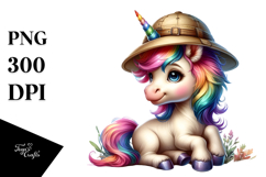 Baby Unicorn with Safari Hat, Watercolor PNG Product Image 1