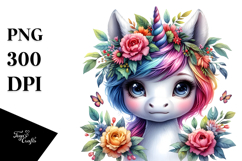 Cute Baby Unicorn with Floral Wreath PNG Product Image 1