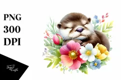 Colorful Otter Sleeping in Flower | Watercolor Clipart Product Image 1