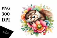 Colorful Otter Sleeping in Flower | Watercolor Clipart Product Image 1