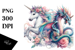 Baby Unicorn with Dragon, Watercolor PNG Product Image 1