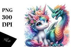 Baby Unicorn with Dragon, Watercolor PNG Product Image 1