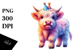 Baby Cow with Birthday Hat, Watercolor PNG Product Image 1