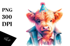 Baby Cow with Birthday Hat, Watercolor PNG Product Image 1