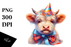 Baby Cow with Birthday Hat, Watercolor PNG Product Image 1