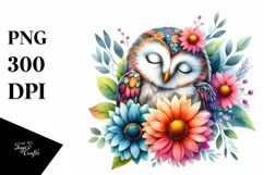 Colorful Owl Flower Watercolor Sleeping | Clipart Product Image 1