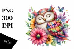 Colorful Owl Flower Watercolor Sleeping | Clipart Product Image 3