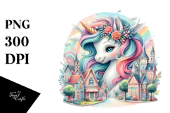 Baby Unicorn with Village Square, Watercolor PNG Product Image 1